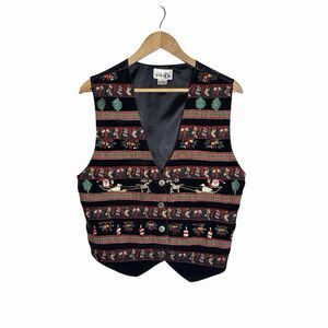 Paul Harris Design Vest Black Women's Large Christmas Embroidered Santa Reindeer